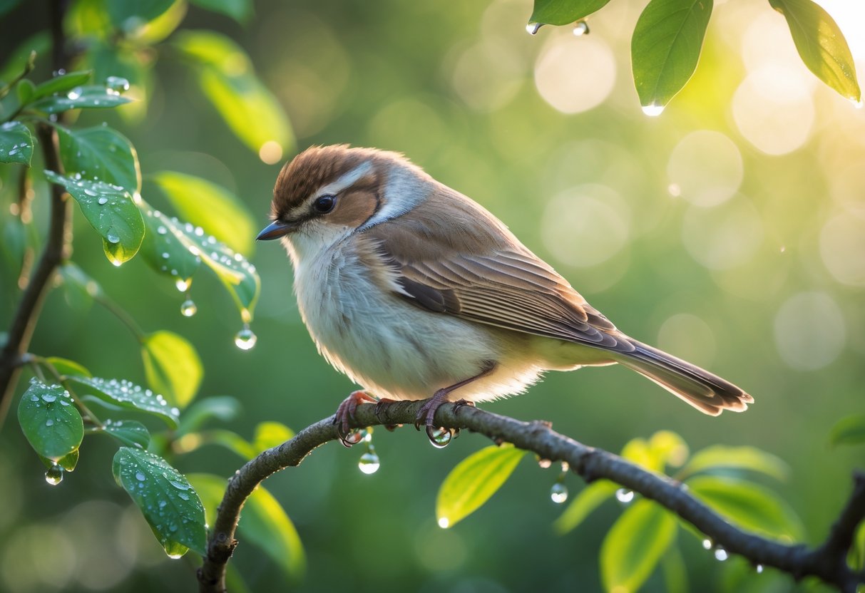 A small bird perched quietly on a tree branch surrounded by green leaves.
