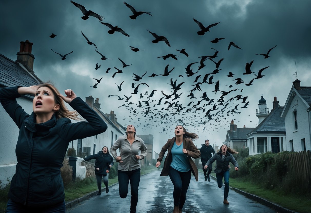 People running in a coastal town as a large flock of birds aggressively swoops down from dark stormy skies.