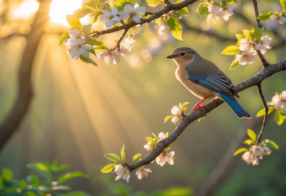A colorful bird perched on a blooming tree branch with sunlight filtering through a green forest background.