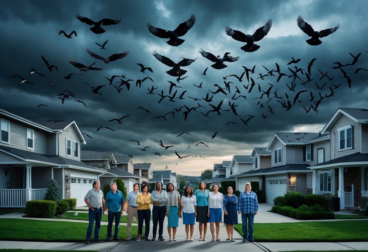 People in a suburban neighborhood looking up nervously as large flocks of birds gather aggressively in the sky above their homes.