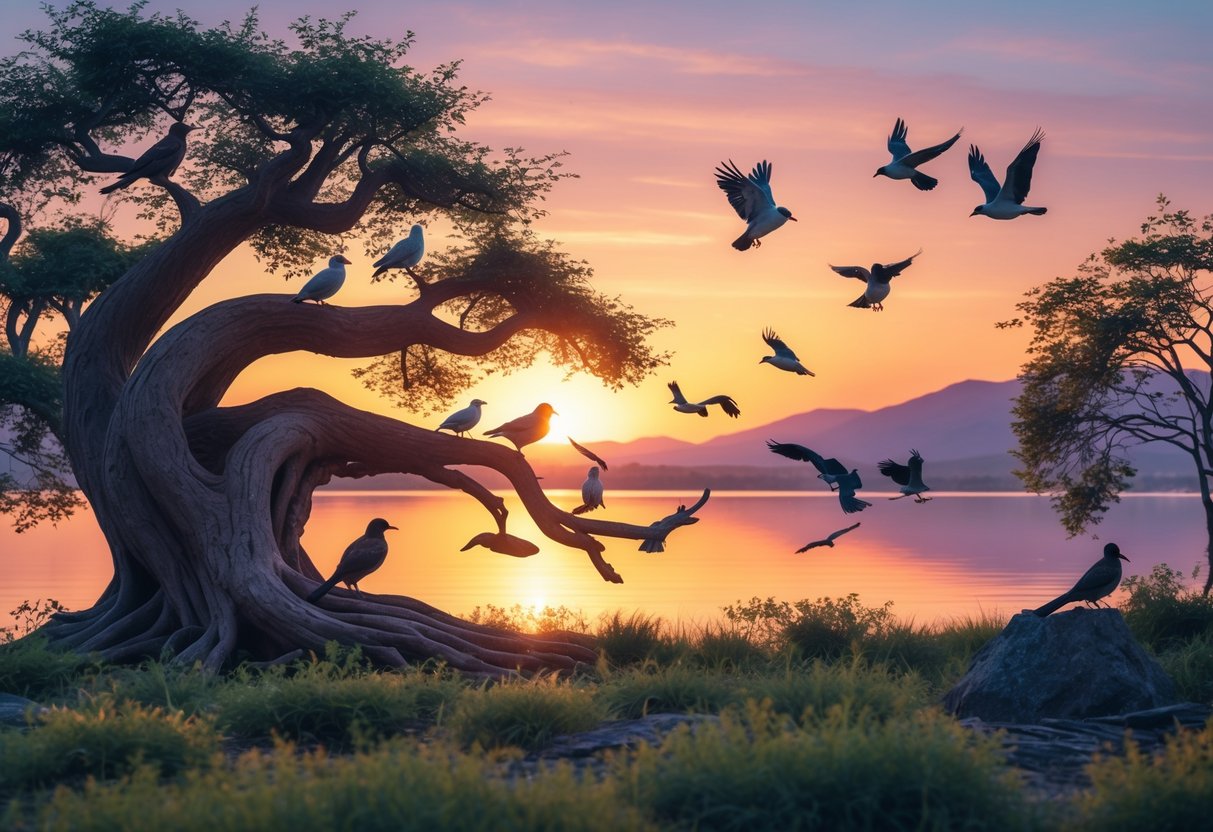 A group of birds perched on tree branches at sunset, with some flying towards a colorful horizon over a calm lake and distant mountains.