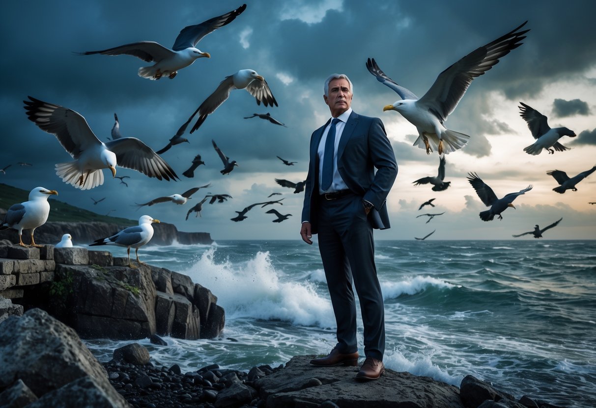 A man in a suit stands on rocky shore as aggressive birds fly around him under a stormy sky.