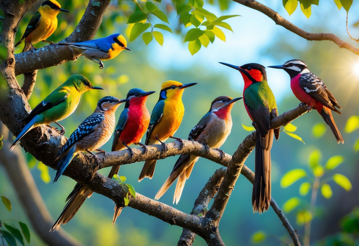A variety of colorful birds perched on tree branches in a green forest with sunlight filtering through the leaves.