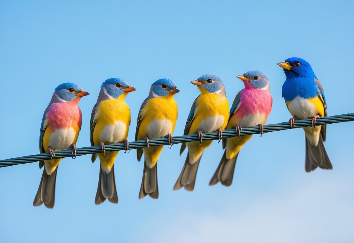 A group of small colorful birds sitting closely on a wire with one larger bird trying to join them.