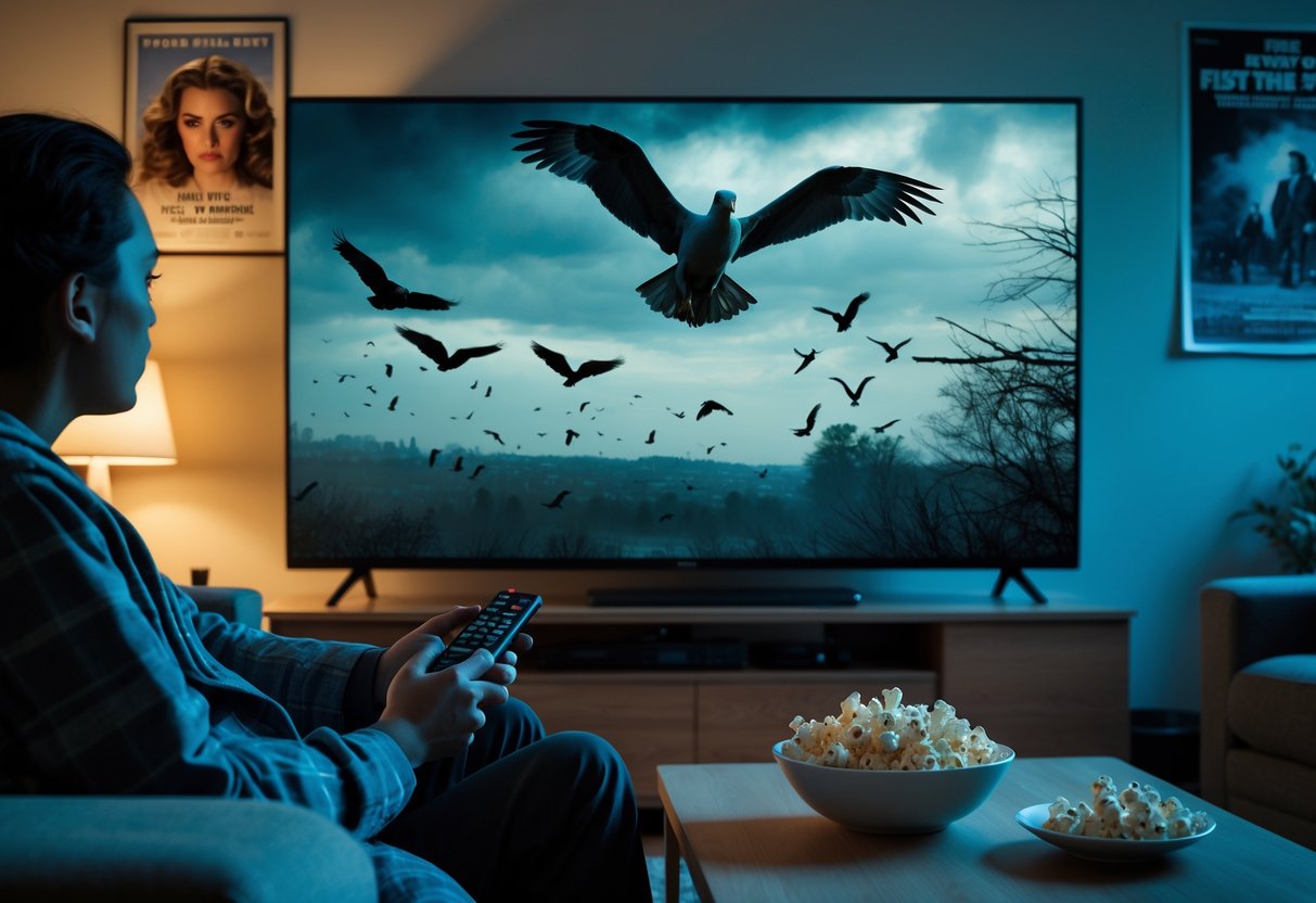 A person sitting on a sofa watching a suspenseful scene of birds flying on a television in a cozy living room.
