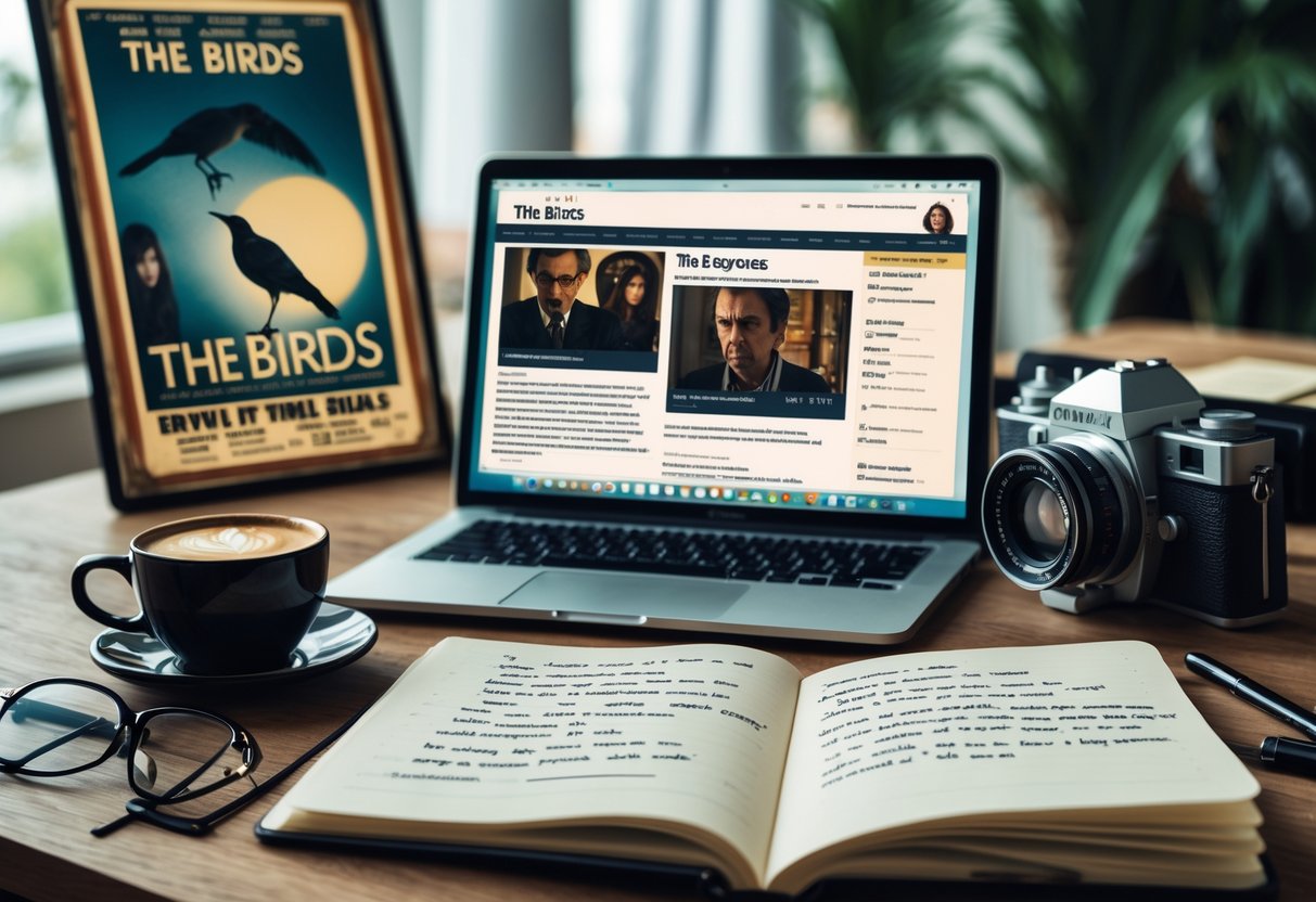 A workspace with a laptop, notebook with handwritten notes, coffee cup, glasses, and a vintage movie poster in the background, suggesting a film review in progress.
