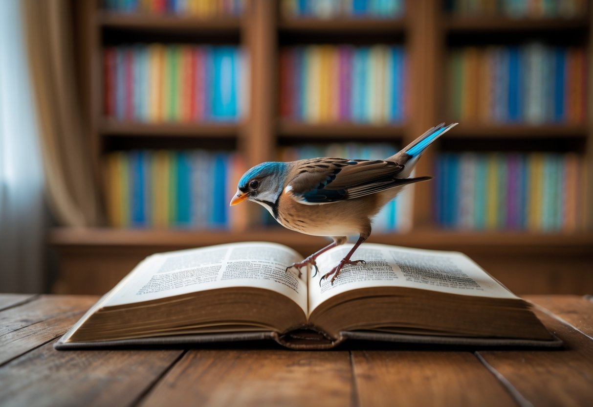 A small bird perched on the edge of an open book on a wooden table in a cozy room.
