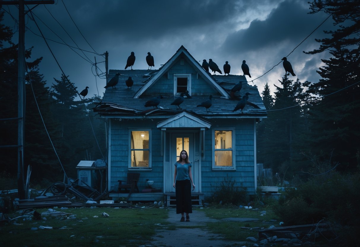 A woman stands outside a small coastal house surrounded by many perched black birds under a darkening sky.