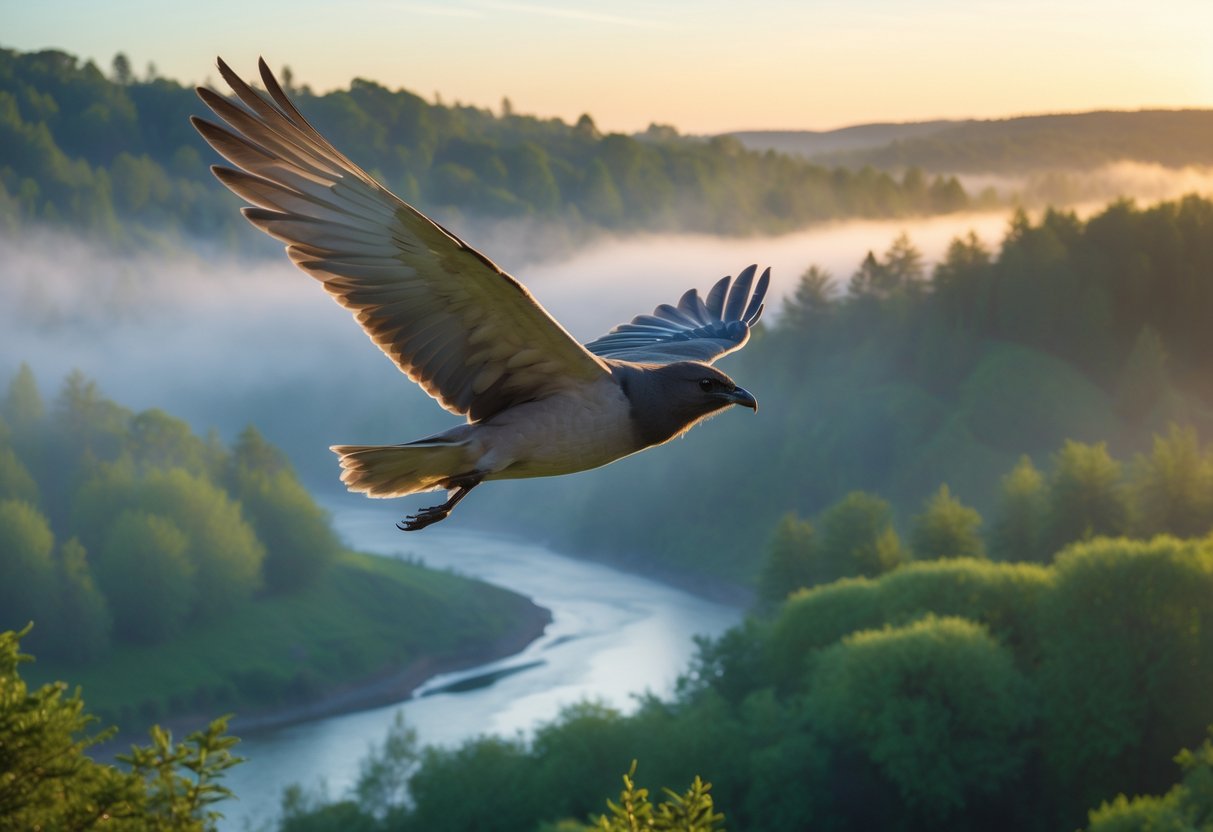 A majestic bird flying above a misty forest at sunrise with a river winding through the trees.