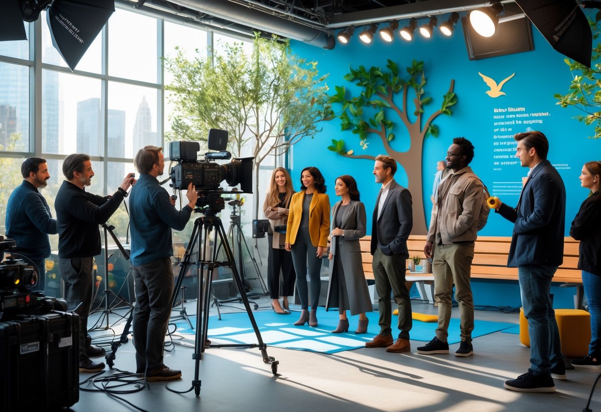 Actors and crew working together on a film set designed like an urban park with trees and benches.