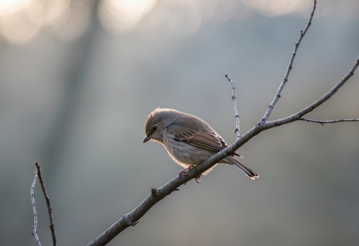 A small bird perched alone on a bare branch, looking downward with a sad expression.