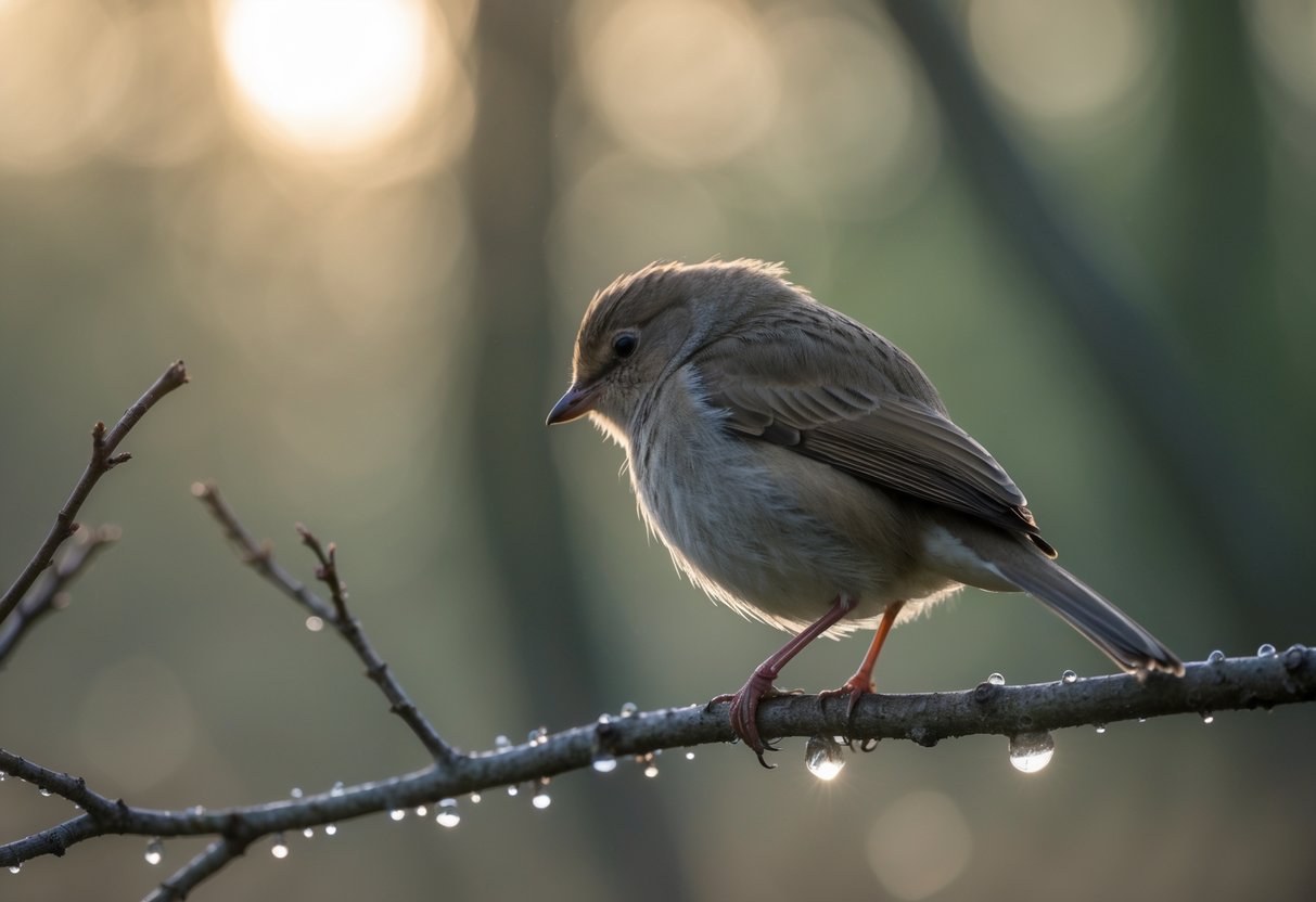 A small bird perched alone on a bare branch looking down in a quiet natural setting.