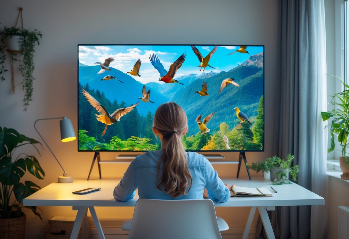A person sitting at a desk watching a movie about birds flying over a scenic landscape on a large TV screen.