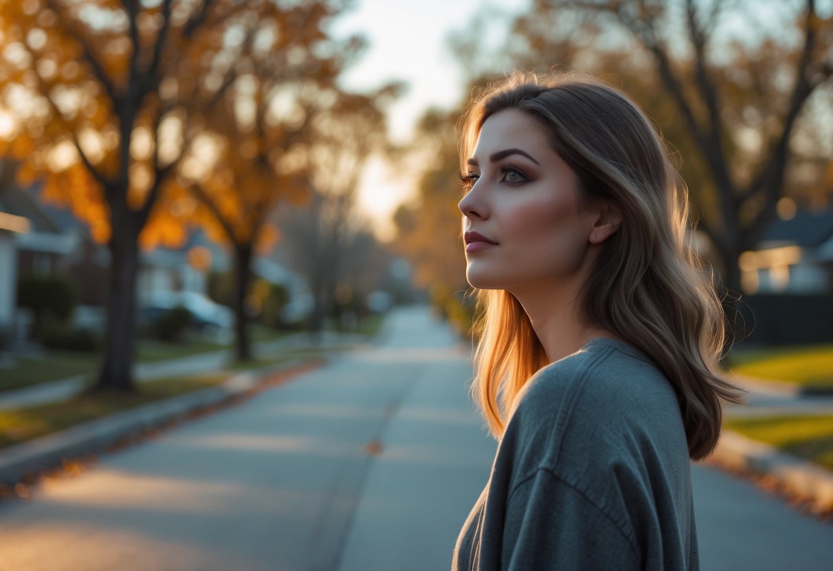 A young woman standing alone on a quiet suburban street, looking thoughtfully into the distance with autumn trees in the background.