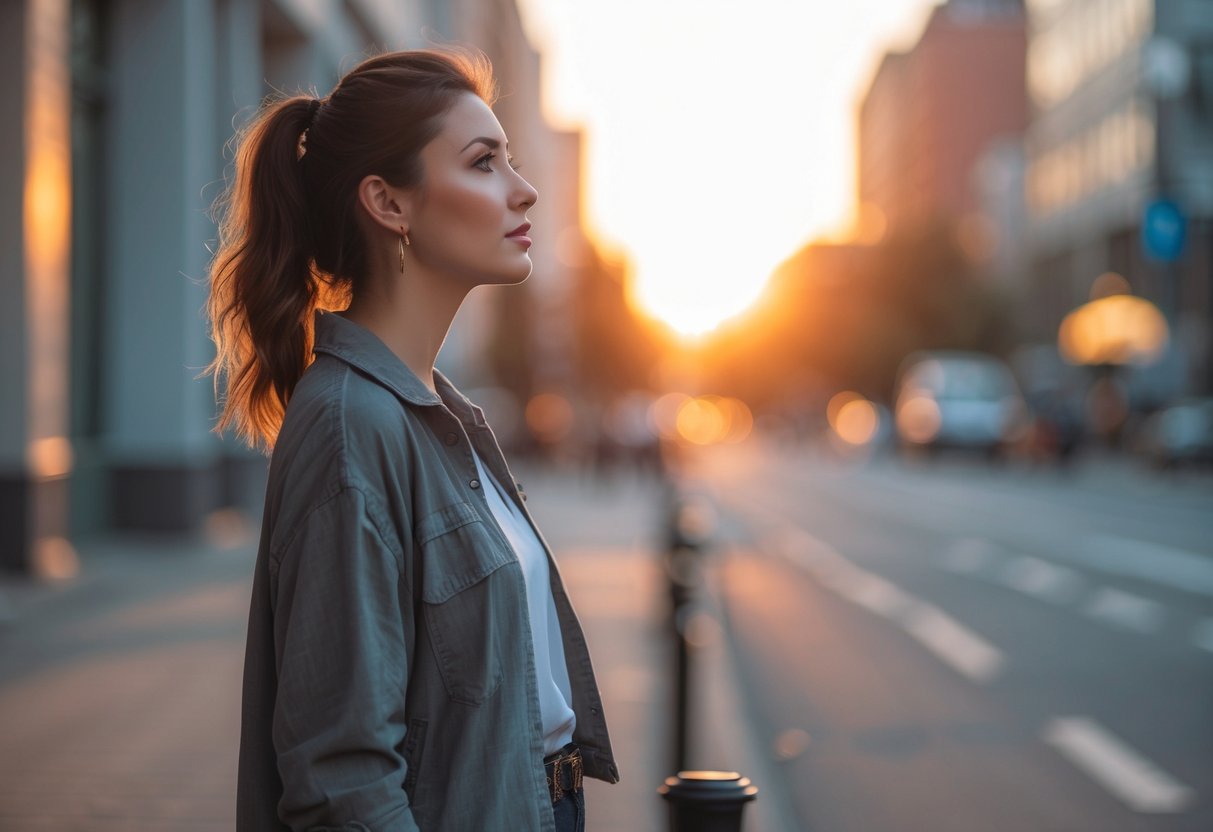 A young woman standing alone on a city street at sunset, looking thoughtful and reflective.