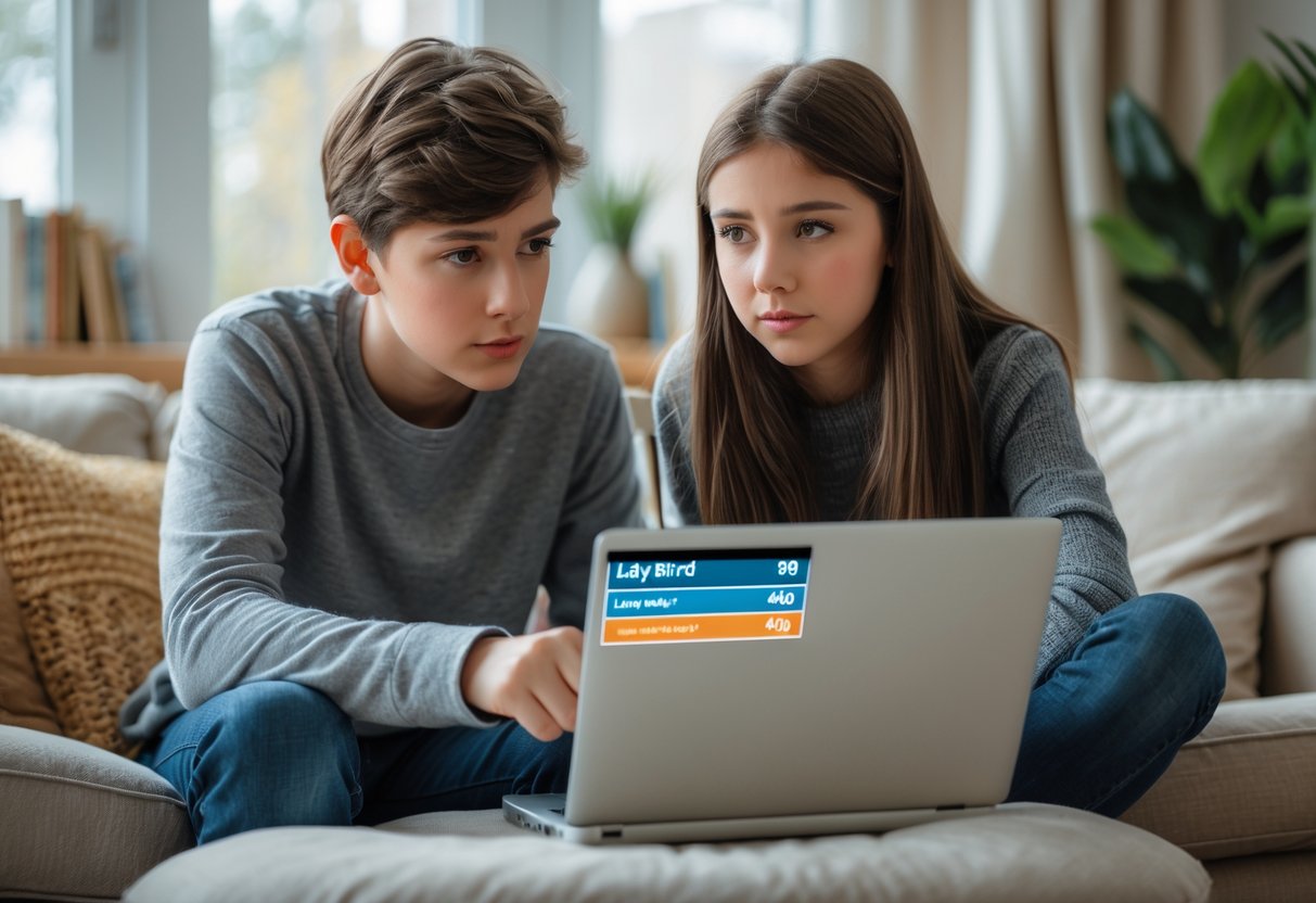 A parent and a 14-year-old teenager sitting together in a living room, looking at a laptop screen while discussing something.