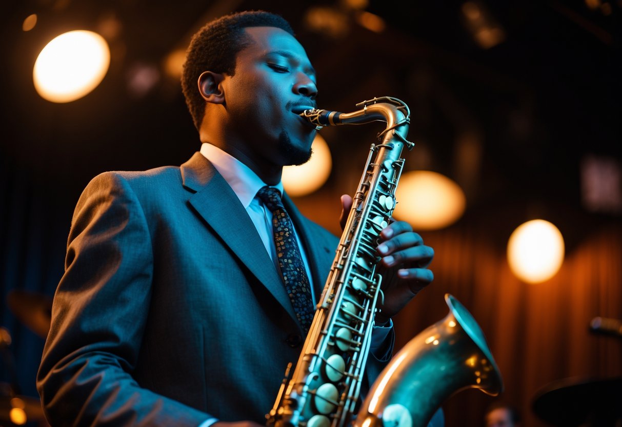 A male jazz musician playing a saxophone on stage with eyes closed, wearing a suit.
