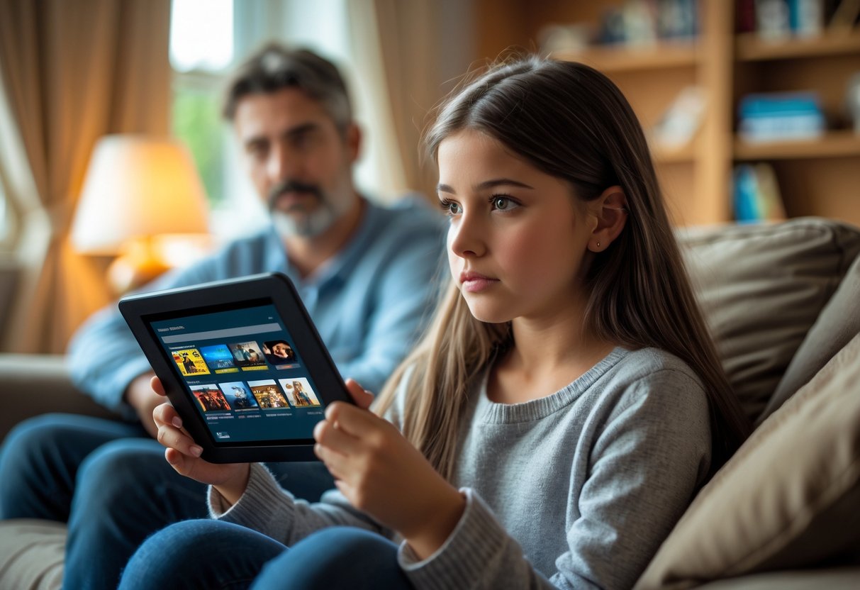 A teenage girl sitting on a couch holding a movie case while a parent watches her in a cozy living room.