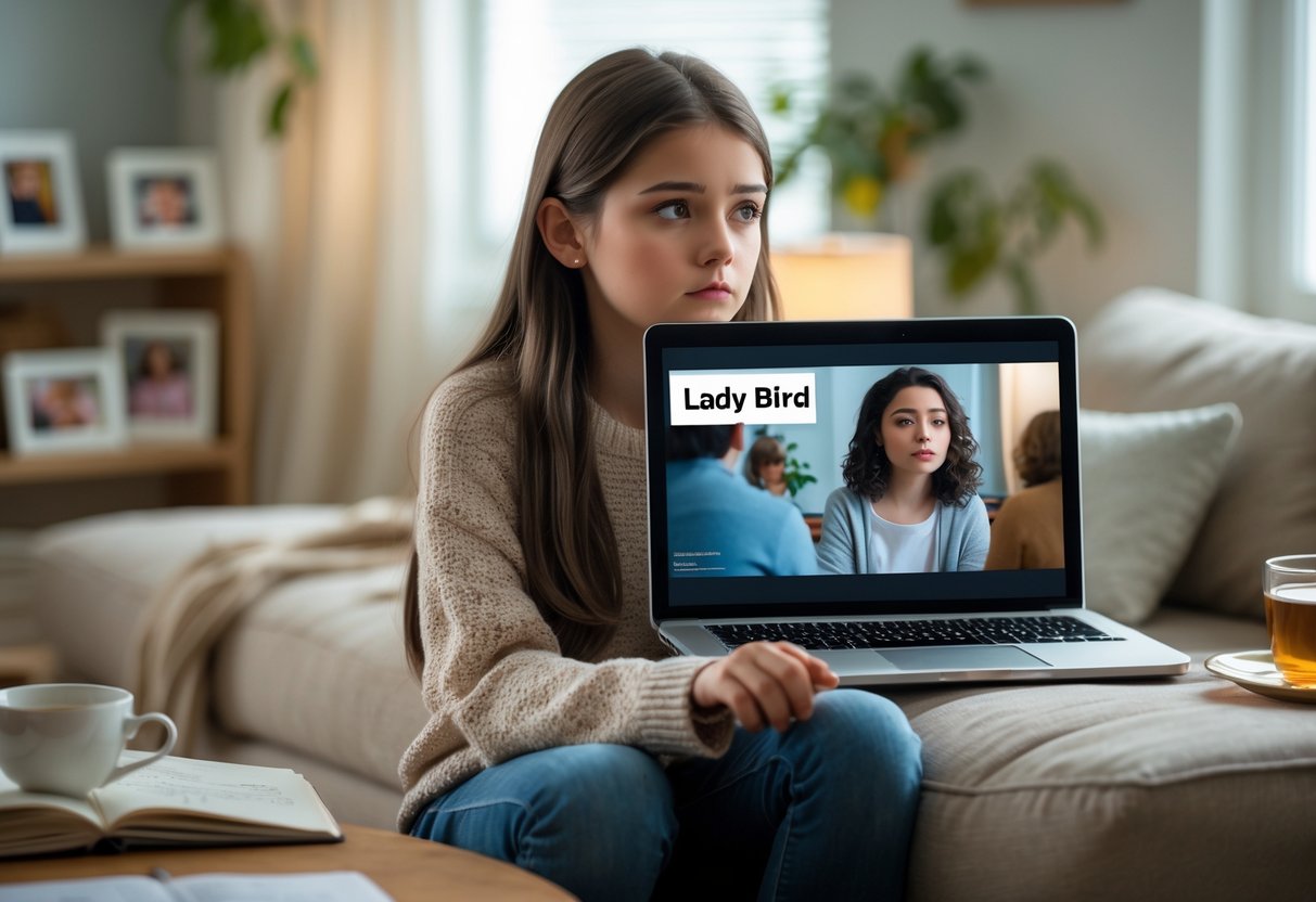 A 14-year-old girl sitting in a living room, looking thoughtfully at a laptop screen with a paused movie scene, surrounded by family photos and a notebook.