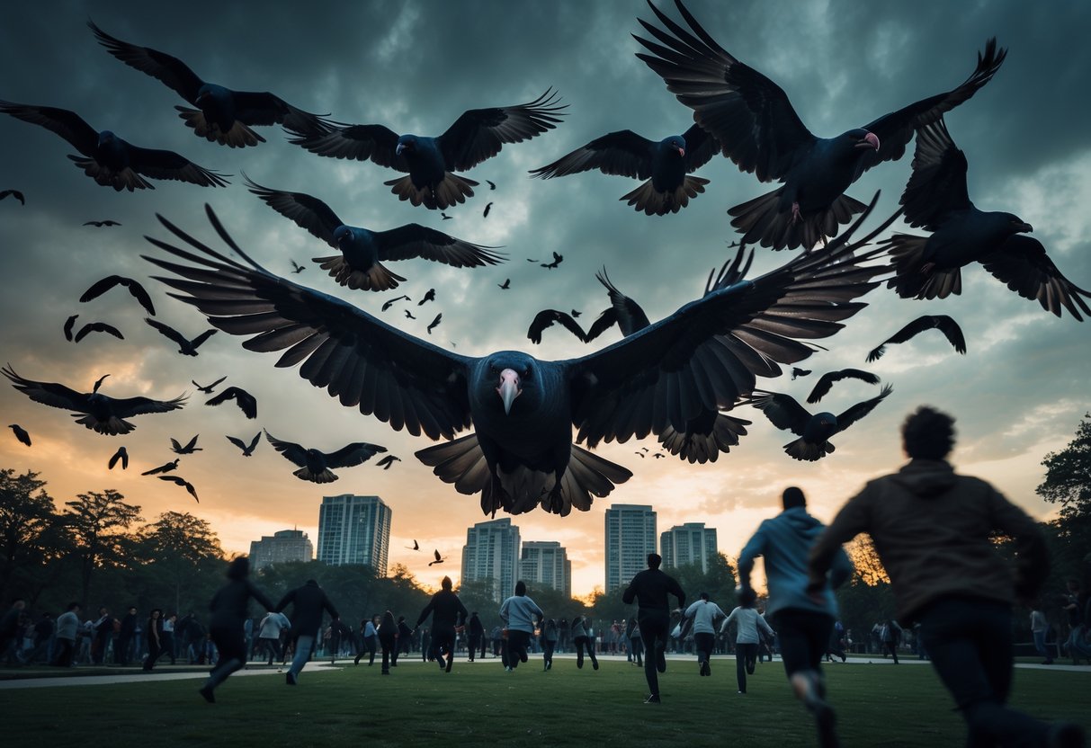 A flock of large aggressive birds swooping over a city park with people running away in fear at dusk.