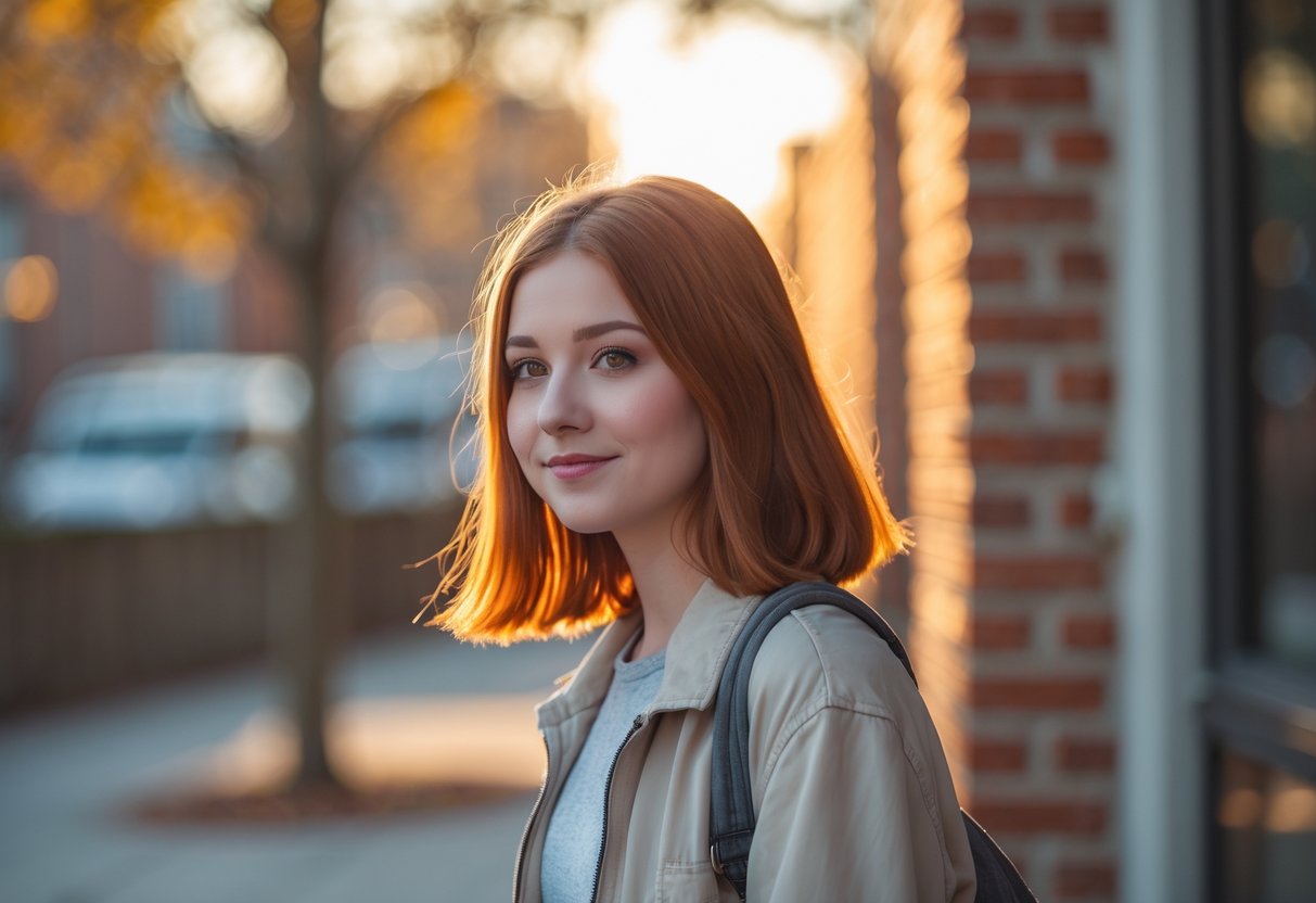 A teenage girl with auburn hair standing outdoors in a city setting during sunset, looking thoughtful and confident.