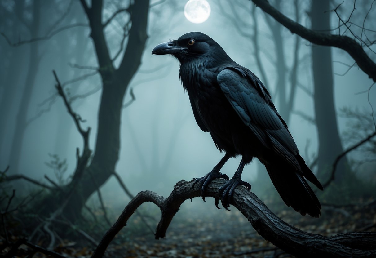 A large black bird perched on a twisted tree branch in a foggy, dark forest.