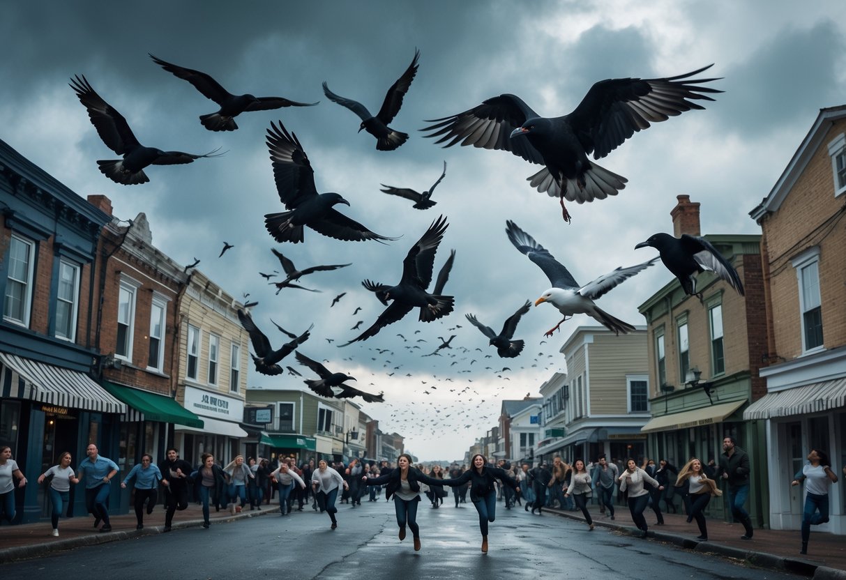 A flock of birds aggressively swooping down on people in a small coastal town street, with people running away in fear.