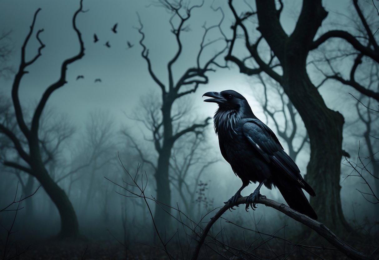 A large black crow perched on a bare tree branch in a dark, foggy forest at dusk.