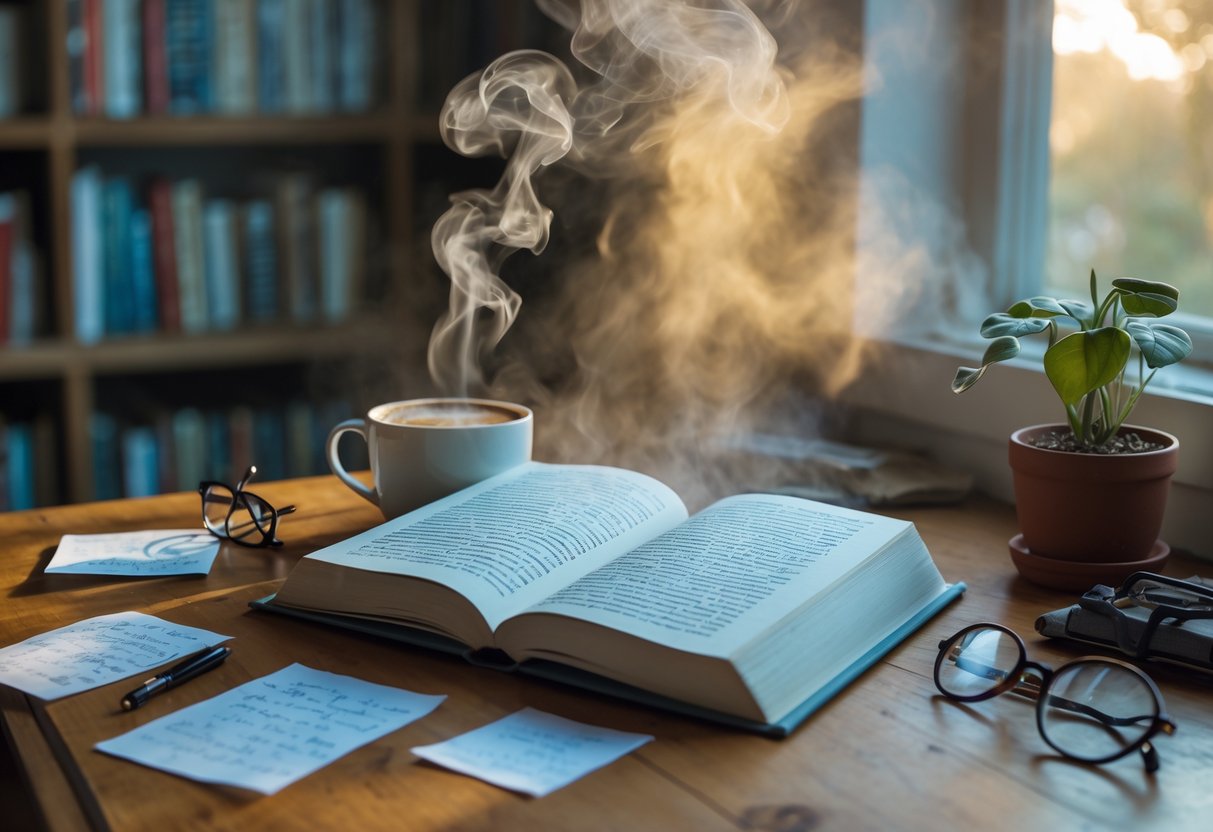 A cozy writing nook with an open book on a wooden desk, surrounded by notes, a cup of coffee, glasses, and a small plant near a window.