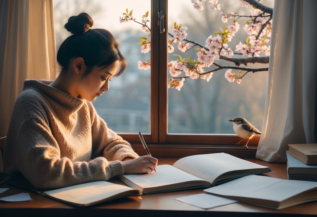 A person writing in a notebook at a desk near a window with a bird perched on a tree branch outside.