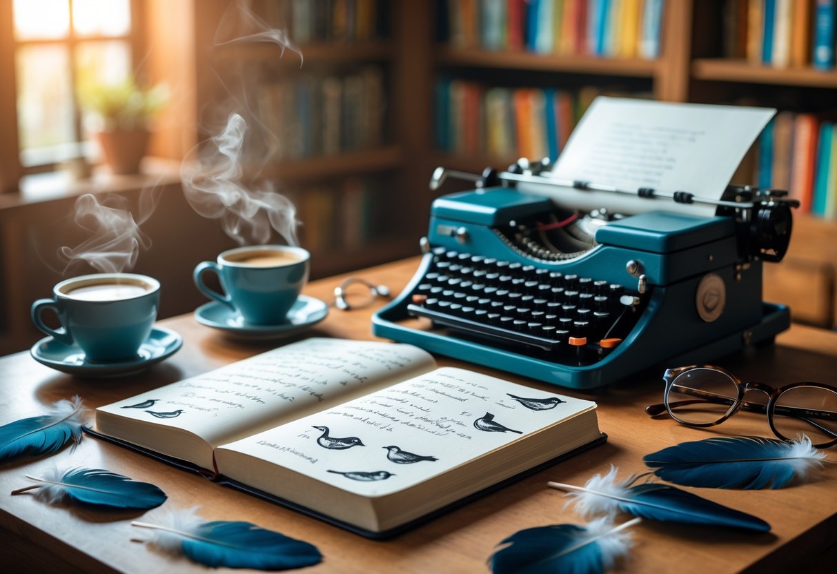 A writer's workspace with an open notebook filled with bird sketches and notes, a vintage typewriter, coffee cup, feathers, and glasses on a wooden desk by a window.