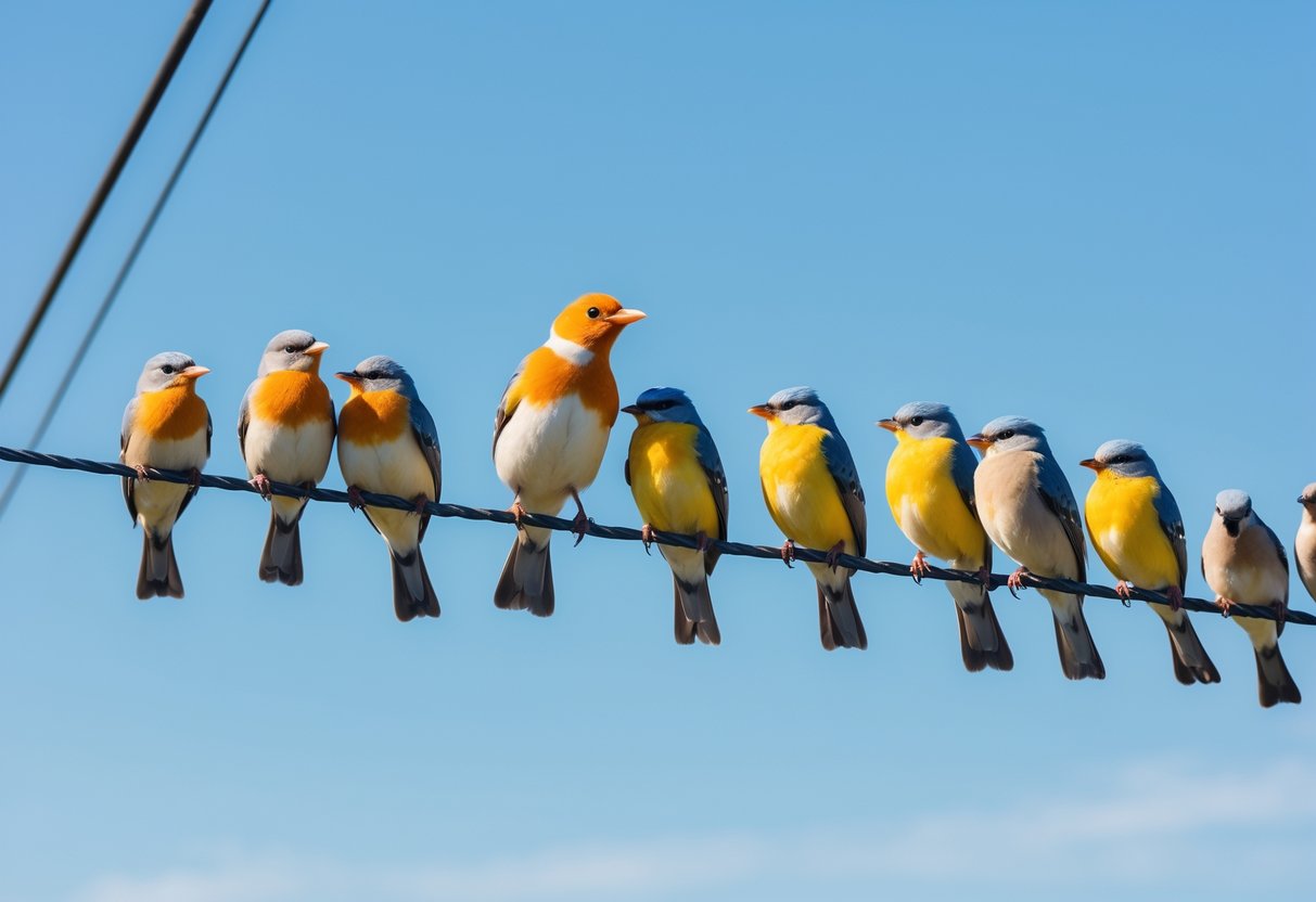 A group of small colorful birds sitting closely on a power line with a larger bird trying to join them against a clear blue sky.