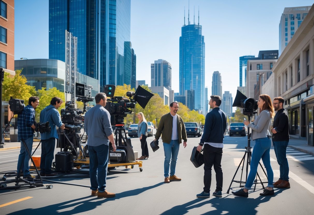 Film crew and actors working on a city street with tall buildings in the background.