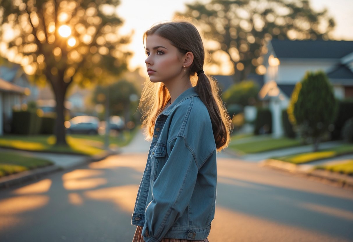 A teenage girl standing alone on a suburban street at sunset, looking thoughtful and contemplative.
