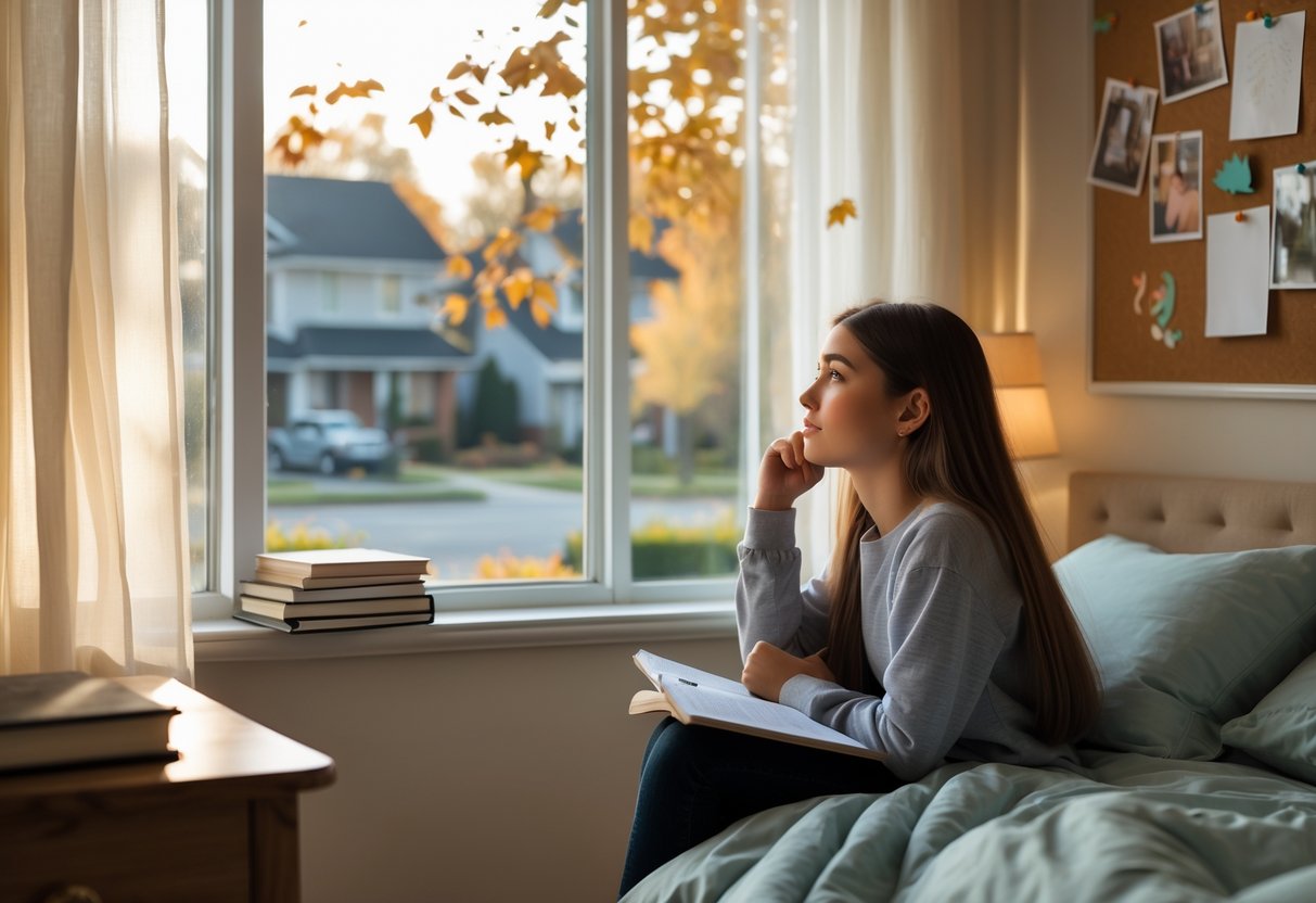 A teenage girl sitting by a window in her bedroom, looking thoughtfully outside while holding a notebook.