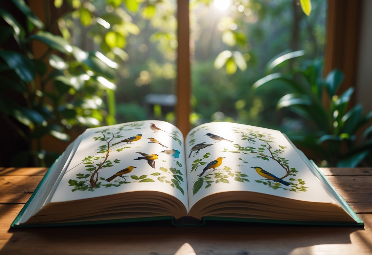 An open book with detailed bird illustrations on a wooden table near a window showing a garden outside.