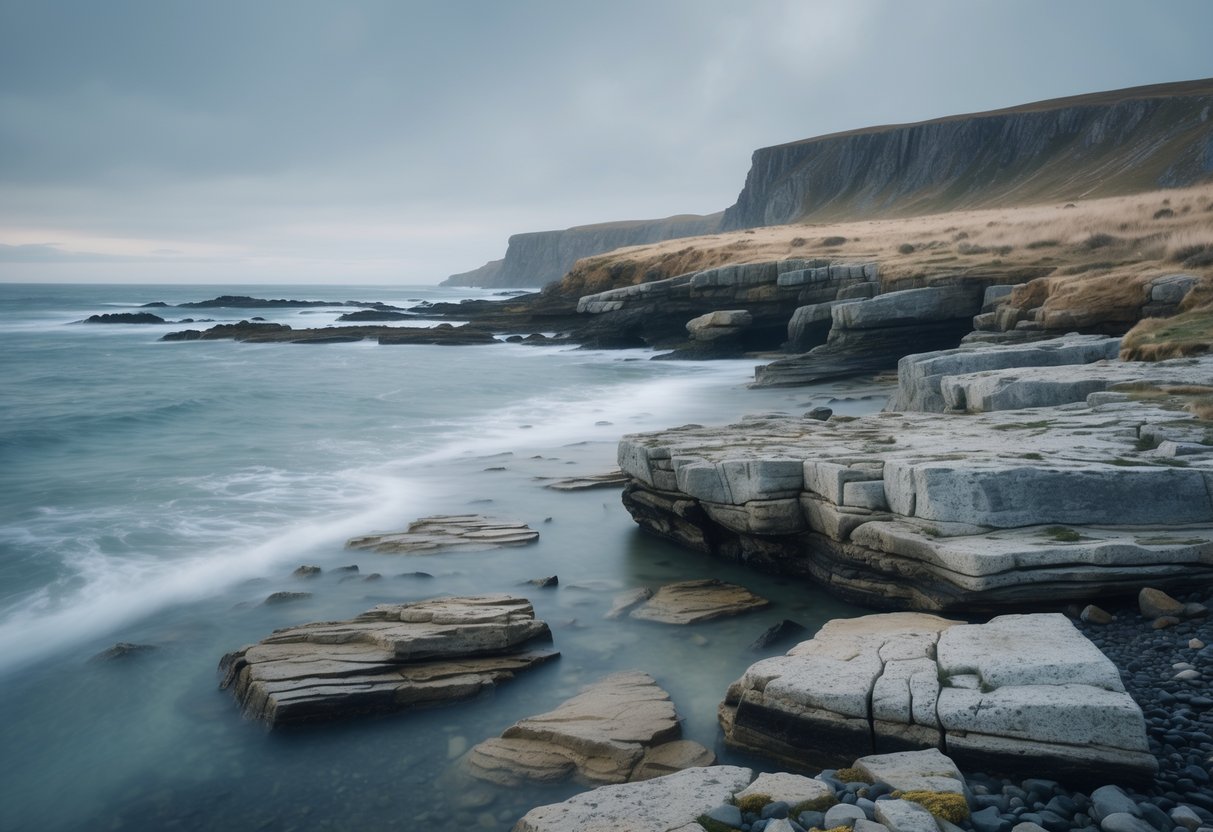 A rocky coastal shoreline with gentle waves, low cliffs, and sparse vegetation under an overcast sky.