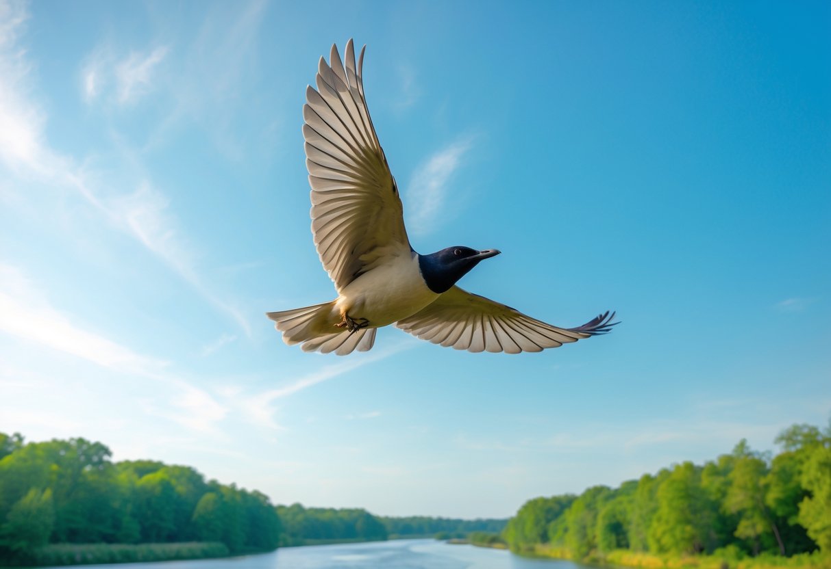 A bird flying over a green forest and calm river under a clear blue sky.
