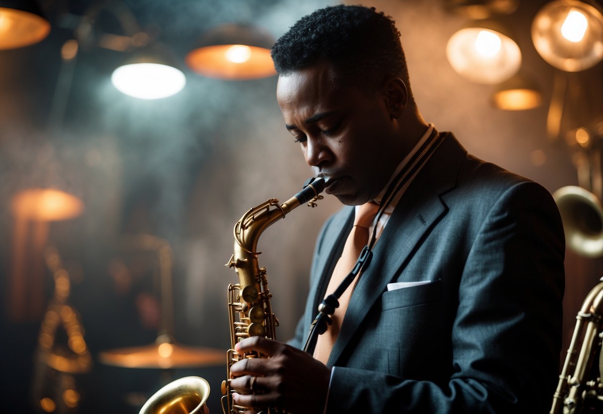 A jazz musician playing a saxophone on a dimly lit stage in a smoky jazz club.