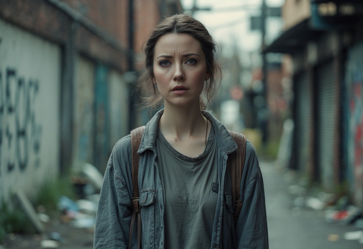 A young woman stands thoughtfully in a worn urban street with graffiti and brick walls in the background.