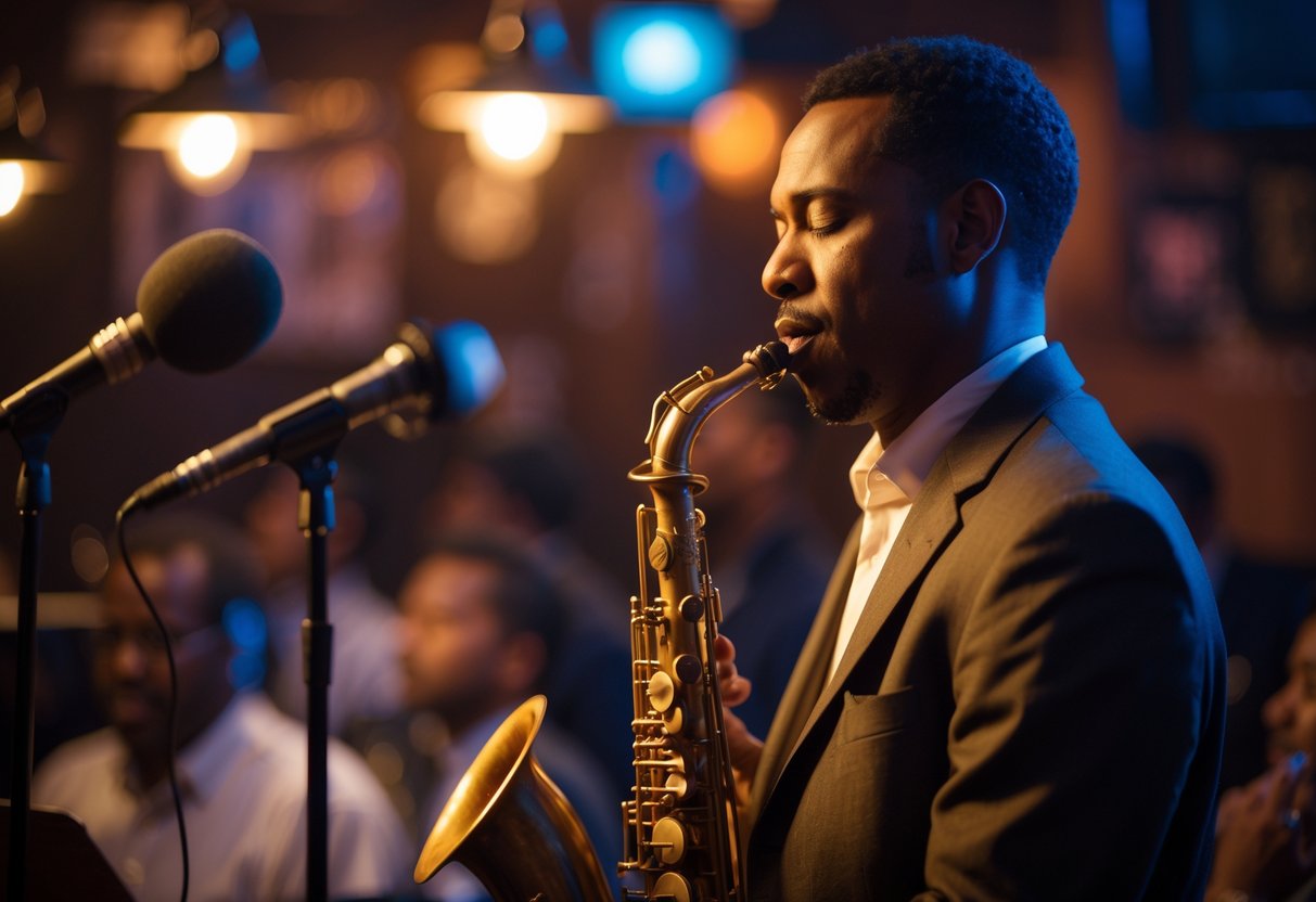 A male saxophonist playing passionately in a dimly lit jazz club with a small audience.