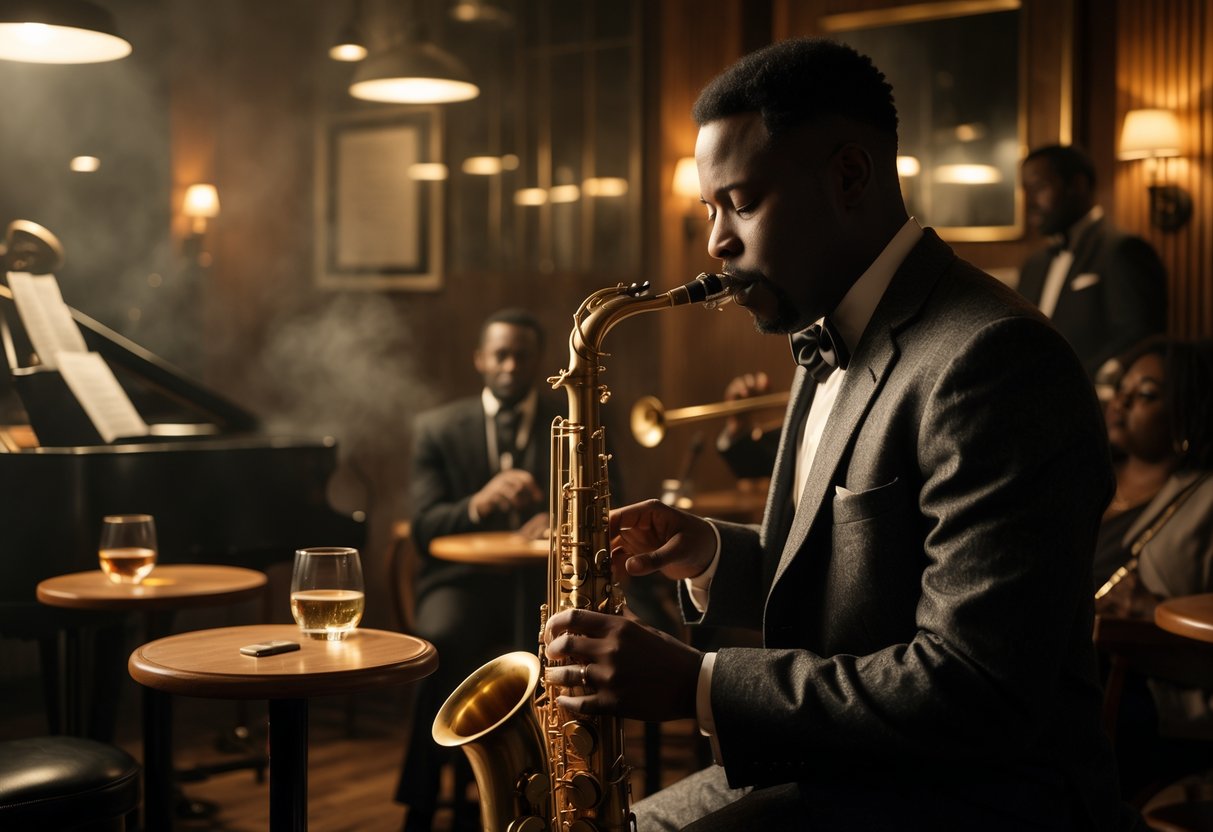 A saxophonist plays on stage in a dimly lit jazz club with other musicians and an attentive audience.