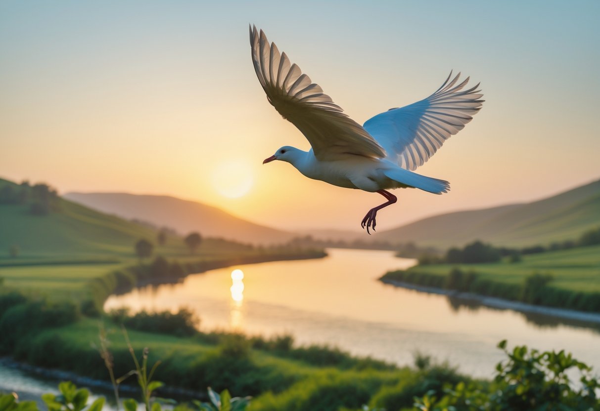 A white bird flying over a peaceful river and green hills at sunrise.