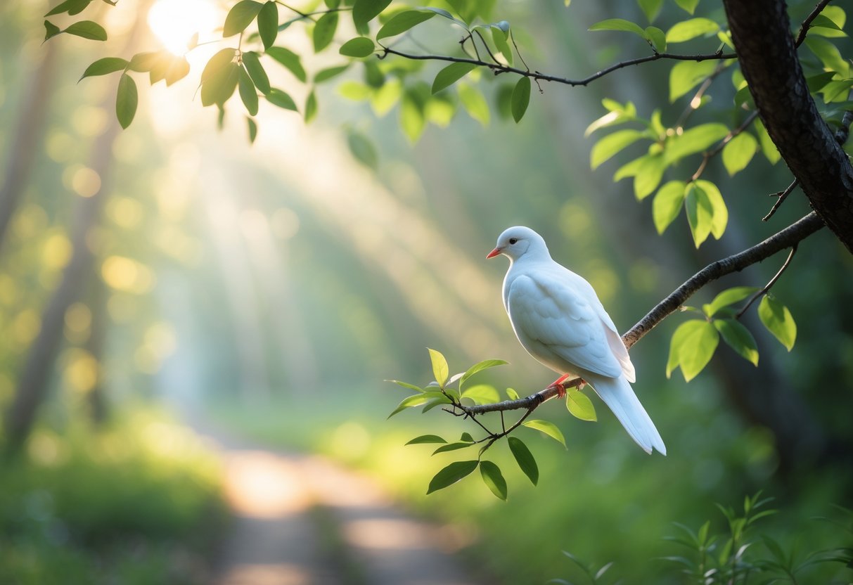 A white bird perched on a tree branch in a peaceful forest with sunlight filtering through the leaves.