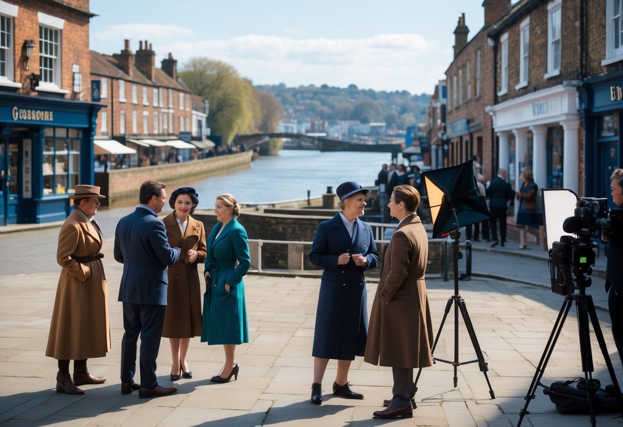 Actors in period costumes standing near the riverside in Gravesend with historic buildings and film equipment visible around them.