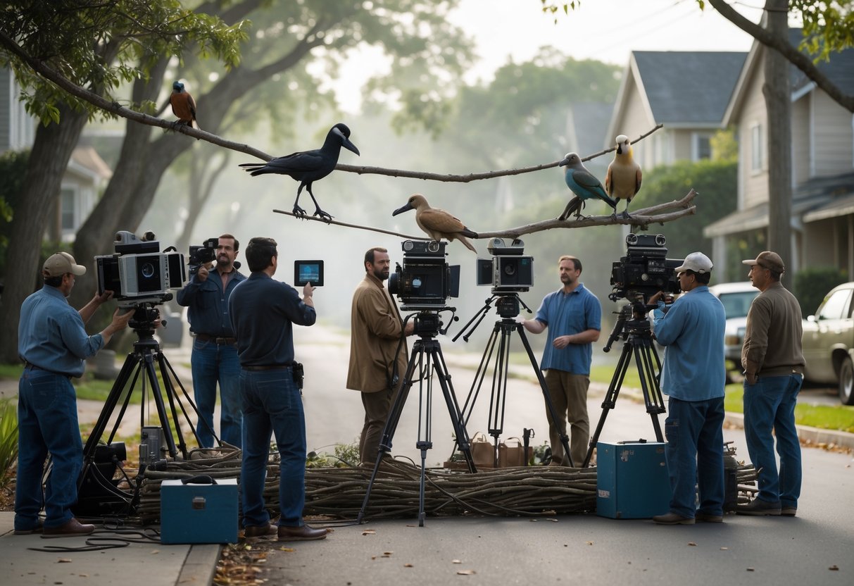 Film crew working with mechanical birds and cameras on an outdoor movie set.