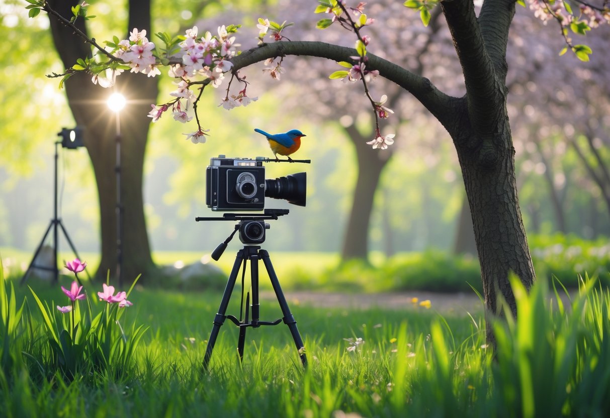A vintage camera on a tripod filming a colorful bird perched on a blossoming tree branch in a green park with sunlight filtering through the leaves.