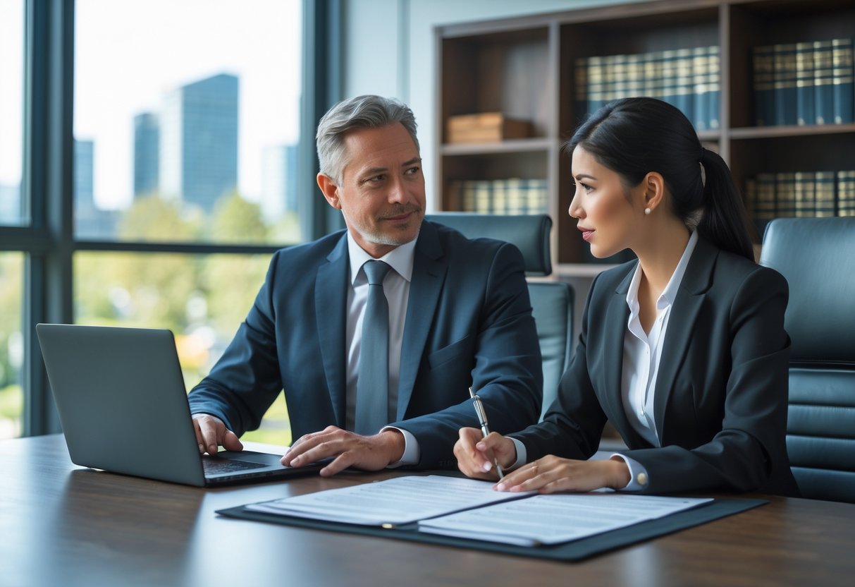 Two solicitors, one experienced and one trainee, discussing work in a modern law office with legal documents and a laptop on the desk.
