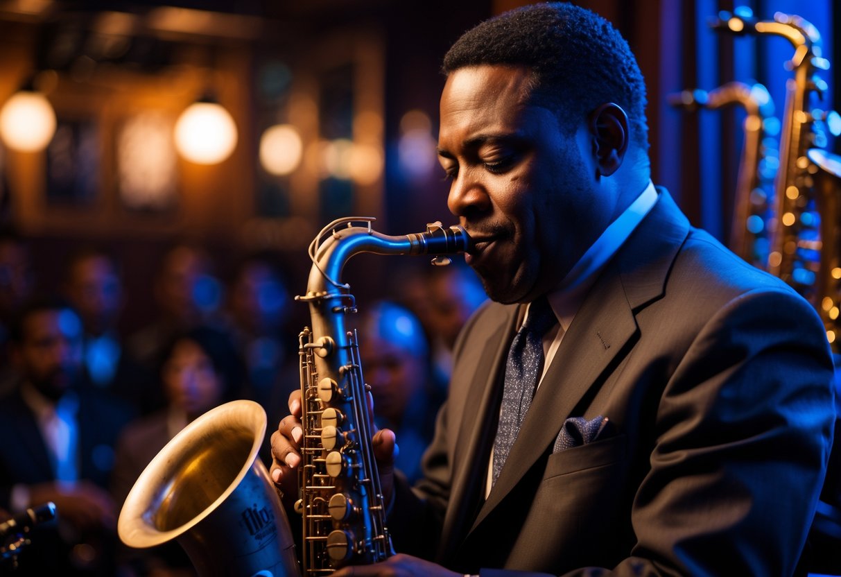 A jazz musician playing a saxophone on stage in a dimly lit jazz club with an attentive audience in the background.