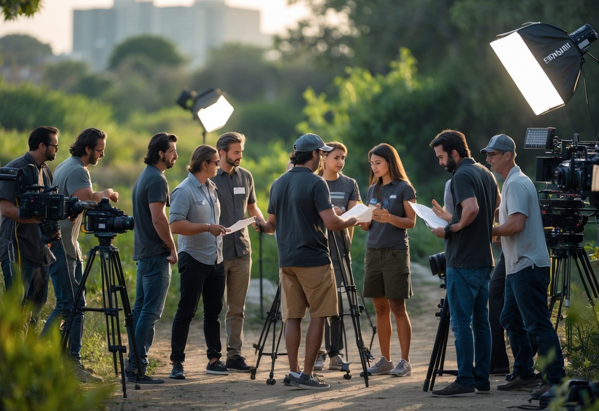 A film crew and actors working together outdoors on a movie set surrounded by greenery and filming equipment.